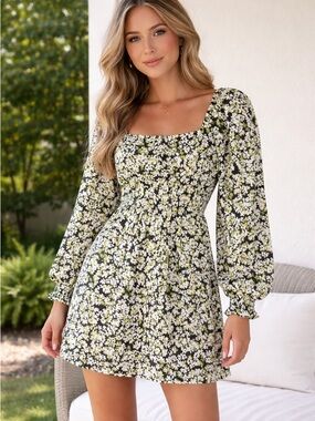 Vero Moda Black, White & Green Floral Square-Neck Mini Dress